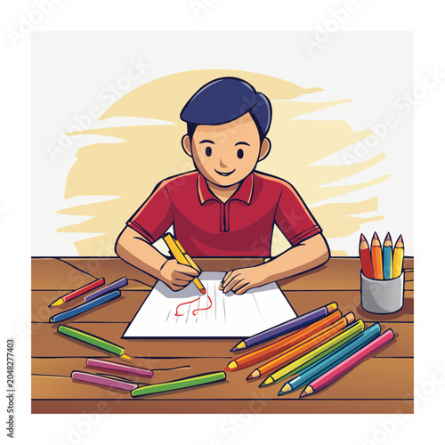 Boy drawing with colored pencils on paper