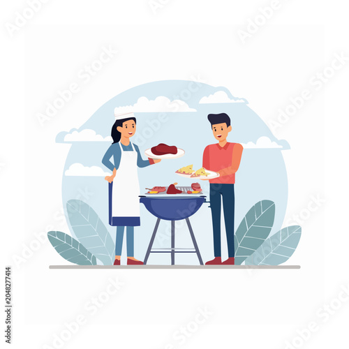 Couple enjoying a barbecue with grilled food