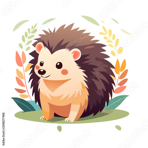 Cute cartoon hedgehog illustration with autumn leaves