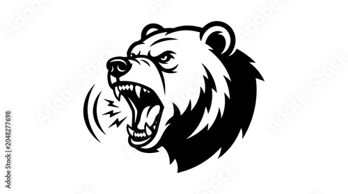 Konstfotografi Aggressive Grizzly Bear Head Roaring and Baring Teeth, Black and White Vector Ar