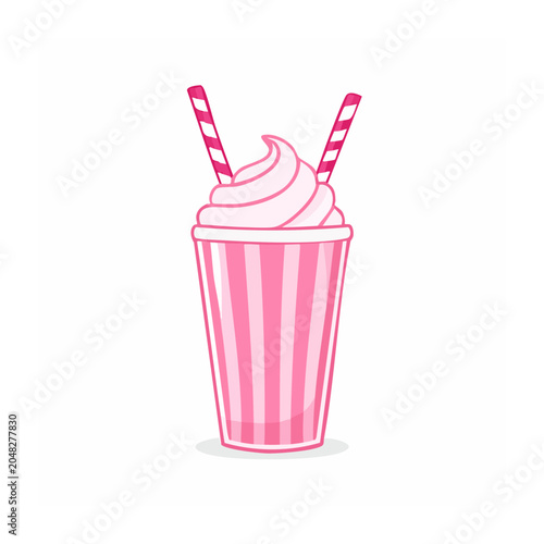 Pink milkshake with straws in a striped cup