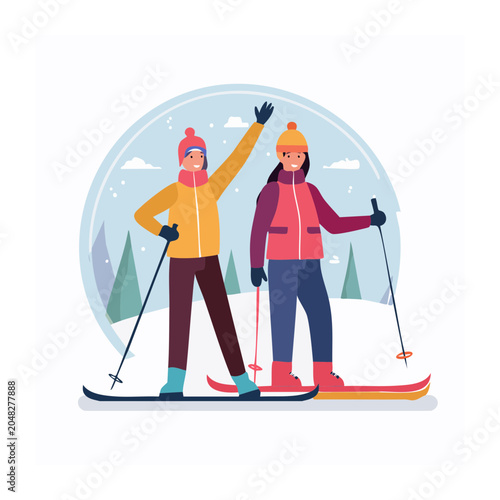 Two happy skiers in a winter landscape