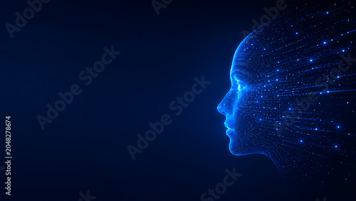 Conceptual illustration of artificial intelligence and digital consciousness in a data network flow