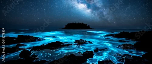 Panel kuchenny z motywem Bioluminescent ocean waves glow bright blue under starry night sky with milky way and distant island silhouette, nature landscape.
