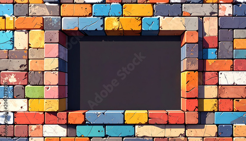 Colorful brick wall framing a dark rectangular void, possibly a window. Cracks and imperfections give texture and character