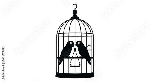 Foto Birdcage with two parrots black silhouette high quality