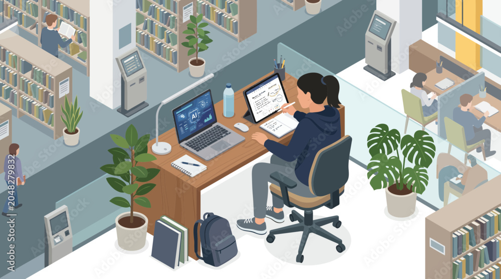 Naklejka premium Isometric Library Study with AI Technology and Student