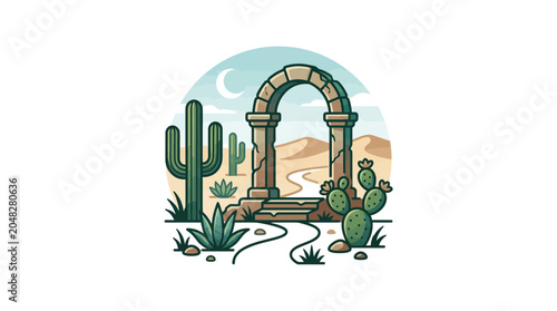 Tableau sur toile Desert Ruins Archway with Cacti and Sandy Landscape