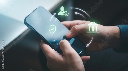 Smartphone held in hands with banking security hologram financial protection and mobile payment concept smartphone security