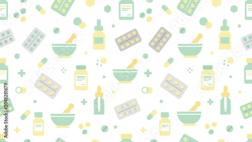 Schilderij op canvas Medical pills and bottles pattern with syringes and capsules arranged as a seamless medical themed background