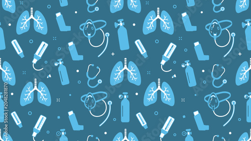 Bild auf Leinwand Medical and health themed pattern featuring lungs, stethoscopes, syringes, pills and diagnostic equipment for science and medicine imagery