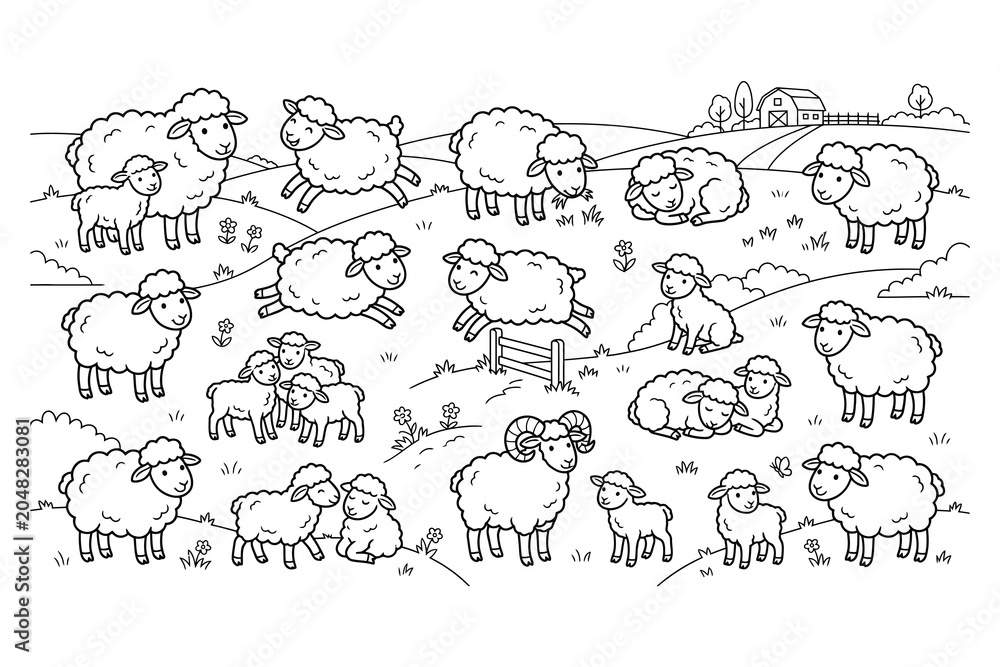 Obraz premium Black and white illustration of sheep in a field with barn