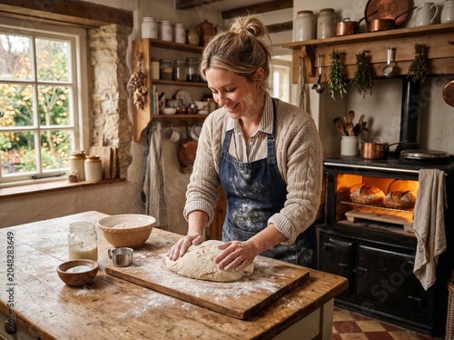 Warm scene of a woman baking bread in a rustic kitchen.