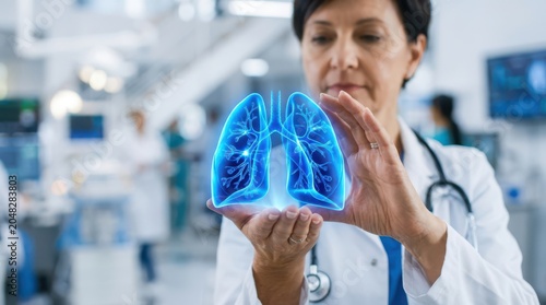 Medical technology innovation doctor analyzing holographic lung scan with advanced imaging systems