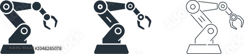 Industrial robotic arm icons for automation and manufacturing in glyph, outline, and hand drawn illustration styles.