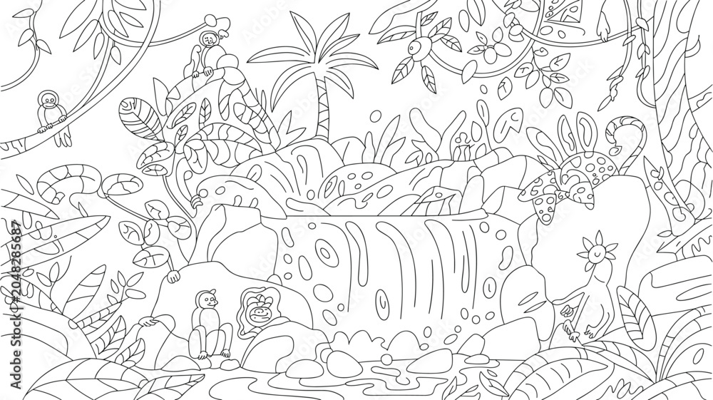 Fototapeta premium Black and white line art illustration of a dense tropical jungle waterfall