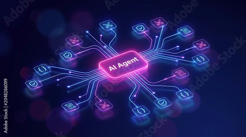 Artificial intelligence agent central hub with complex data network artificial intelligence technology connection automation