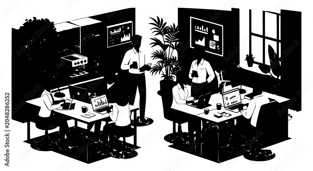 Obraz premium Modern office workplace environment with business people working silhouette, business