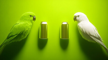 Realistic photo of a green and a white parrot jointly holding a beer can