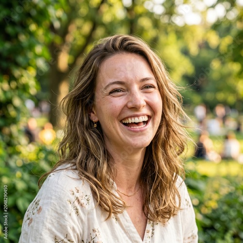 Genuine joyful close-up portrait of a laughing woman in a park.