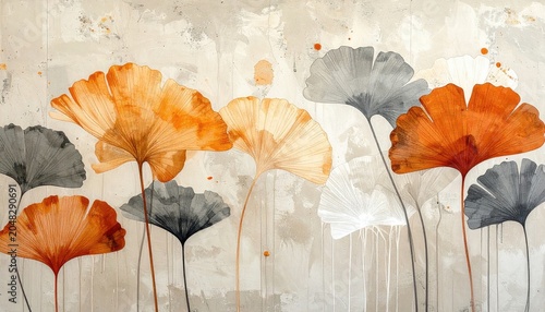 Abstract Watercolor Floral Art with Orange and Gray Ginkgo Leaves.