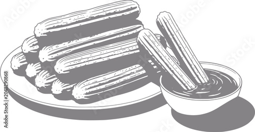 Quadro su tela Delicious churros stacked on a plate with chocolate dip