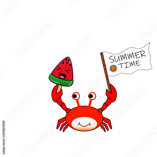 Photography Cute cartoon crab holding watermelon ice cream and summer time flag on white background