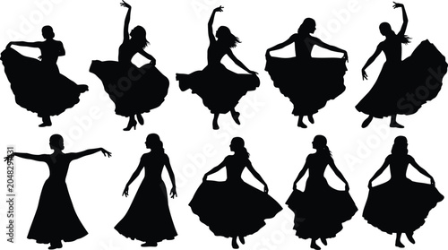 Foto Dancer silhouette vector, traditional skirt pose, black artwork, graceful moveme
