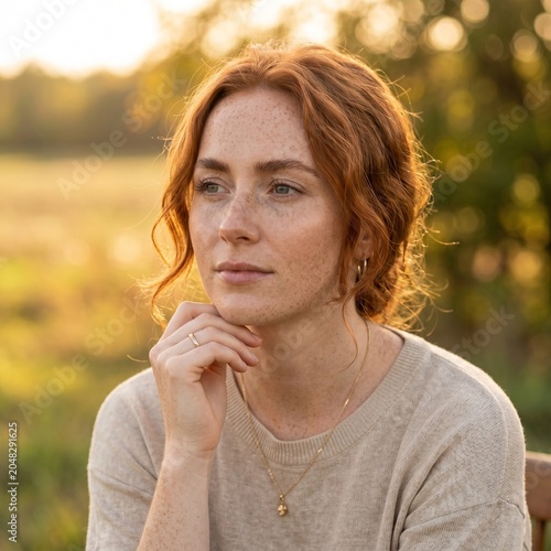 Beautiful close-up portrait of a red-haired woman with freckles in golden light.