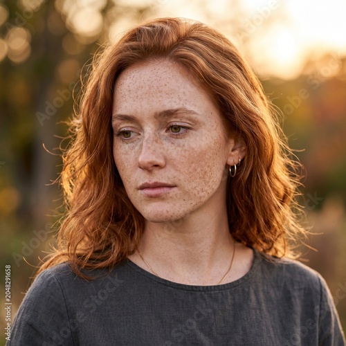 Beautiful close-up portrait of a red-haired woman with freckles in golden light.