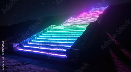 Illuminated Staircase with Vibrant Neon Lights at Night.
