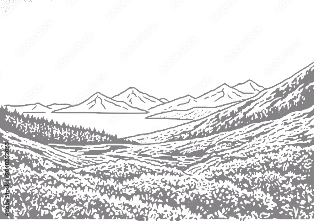Fototapeta premium Scenic mountain landscape with a lake and forest in a vintage style
