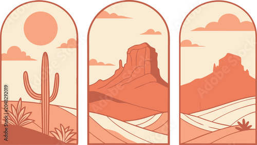Cuadro en lienzo Three panel desert landscape illustration with cacti landscape illustration sout