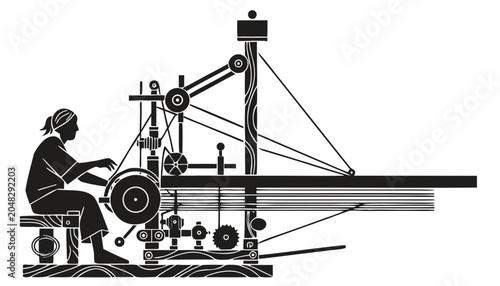 Canvas Print Man operating vintage spinning jenny machine