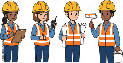 Foto Construction workers cartoon vector, safety gear illustration, blueprint and too