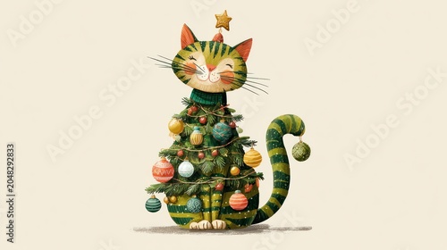 Festive cat christmas tree illustration holiday season decoration isolated
