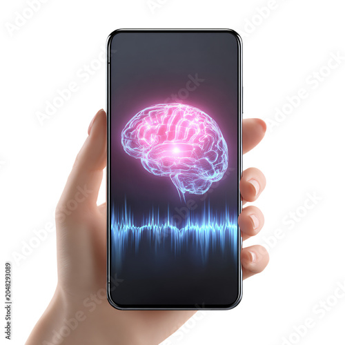 Smartphone Displaying Glowing Brain Icon - Professional Image for Tech Website or AI Blog