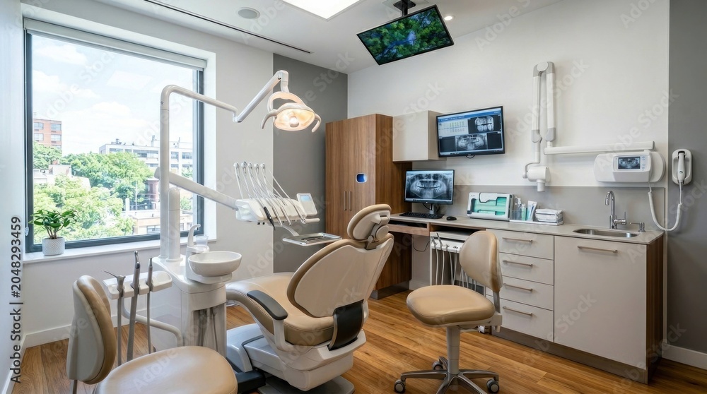 Fototapeta premium Modern Dental Examination Room with Advanced Equipment and Large Window.