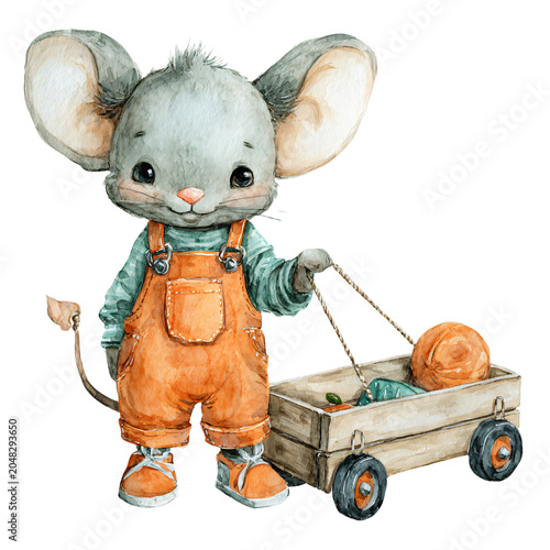 Cute Little Mouse with Toy Wagon for Whimsical Baby Nursery Decor