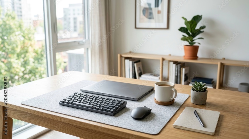 Fototapeta premium Modern Home Office Setup with Laptop and Coffee on Wooden Desk by Window.