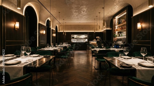 Elegant Fine Dining Restaurant Interior with Modern Decor and Set Tables.