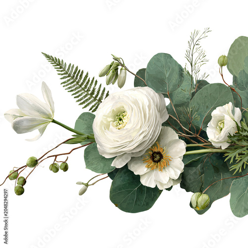 Elegant White Ranunculus Snowdrop Botanical Arrangement Photography
