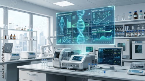 Modern Laboratory with Advanced DNA and Human Body Holographic Display.