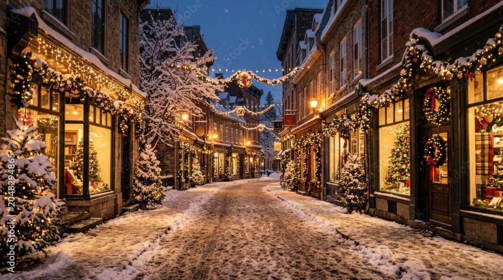 Fototapeta premium Charming Snow-Covered Street with Festive Christmas Lights and Decorations at Dusk.