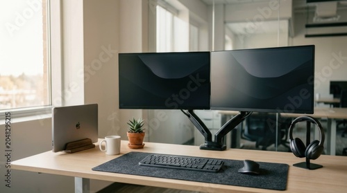 Modern Home Office Setup with Dual Monitors and Laptop on a Wooden Desk.