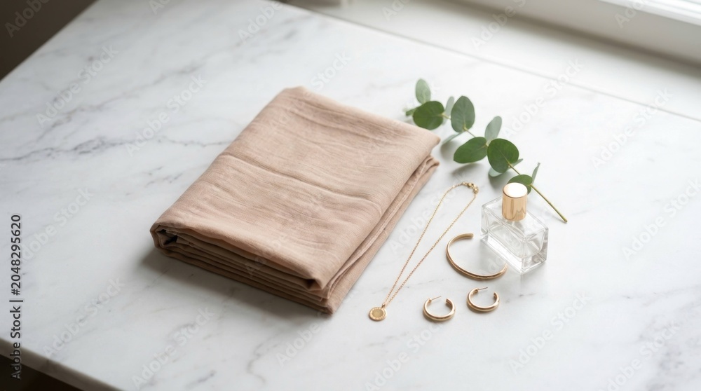 Fototapeta premium Elegant Spa Essentials - Folded Towel, Eucalyptus, and Essential Oils on Marble.