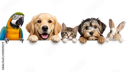 Parrot and Assorted Pets Peeking Out on White Background – Cute Animal Banner Design with Friendly Companion Pets and Copy Space