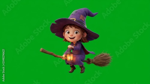 Little girl dressed as witch flying.
