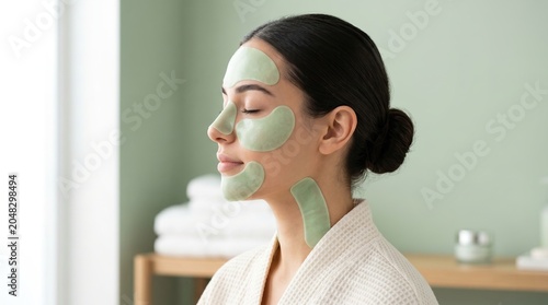 Side view portrait of a serene young woman with green calming hydrogel patches applied on her cheek nose and neck