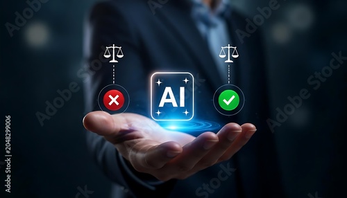 AI Ethics and Regulation Concept with Businessman Hand Holding Artificial Intelligence Icon, Checkmark and Cross Symbols